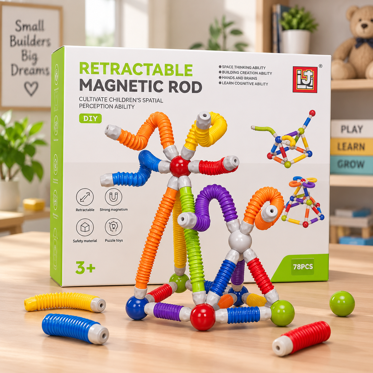 Retractable Magnetic Rod Building Set – 78 PCS