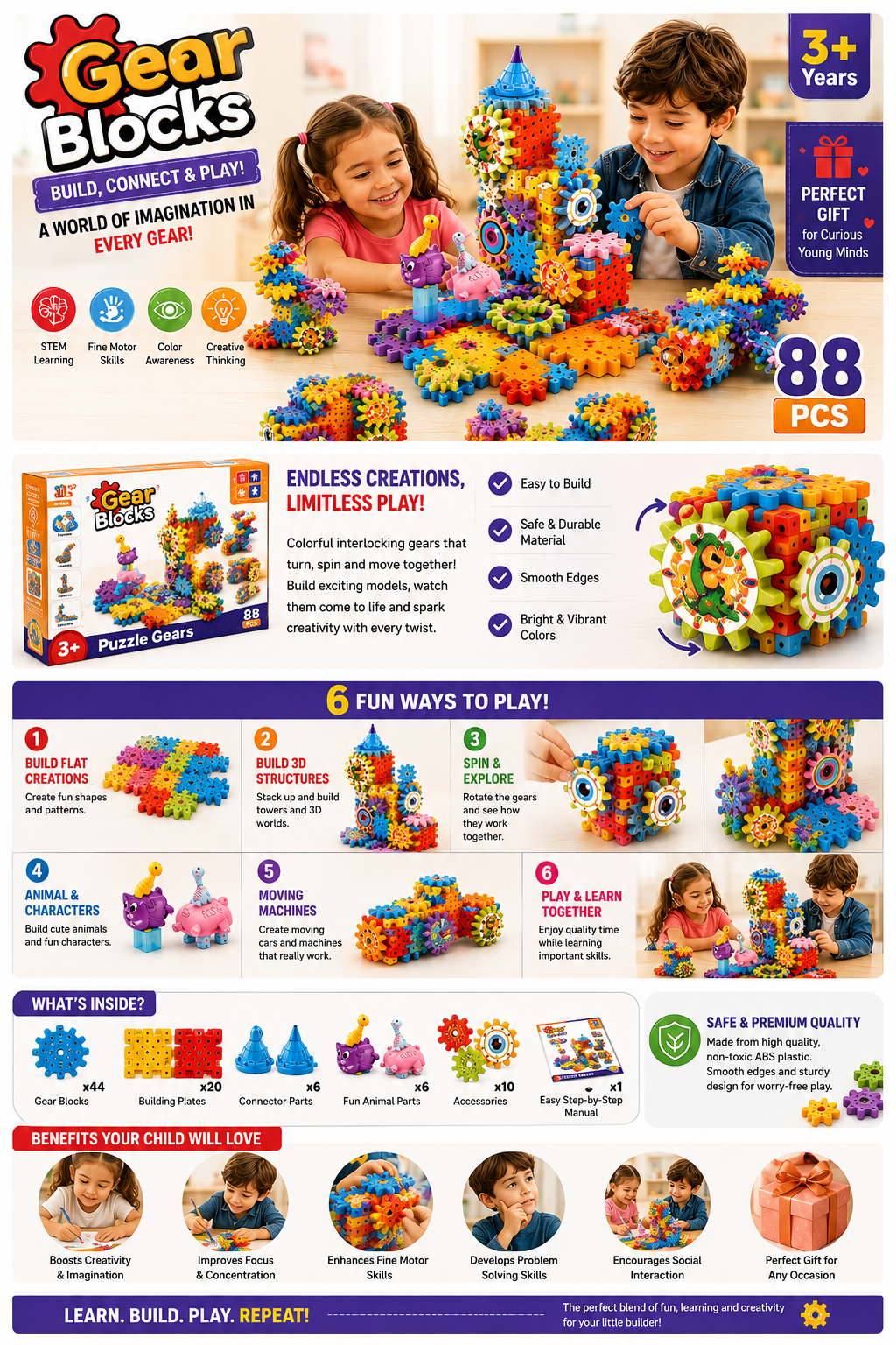 🧩 Gear Blocks 3-in-1 Puzzle Gears (88 PCS)