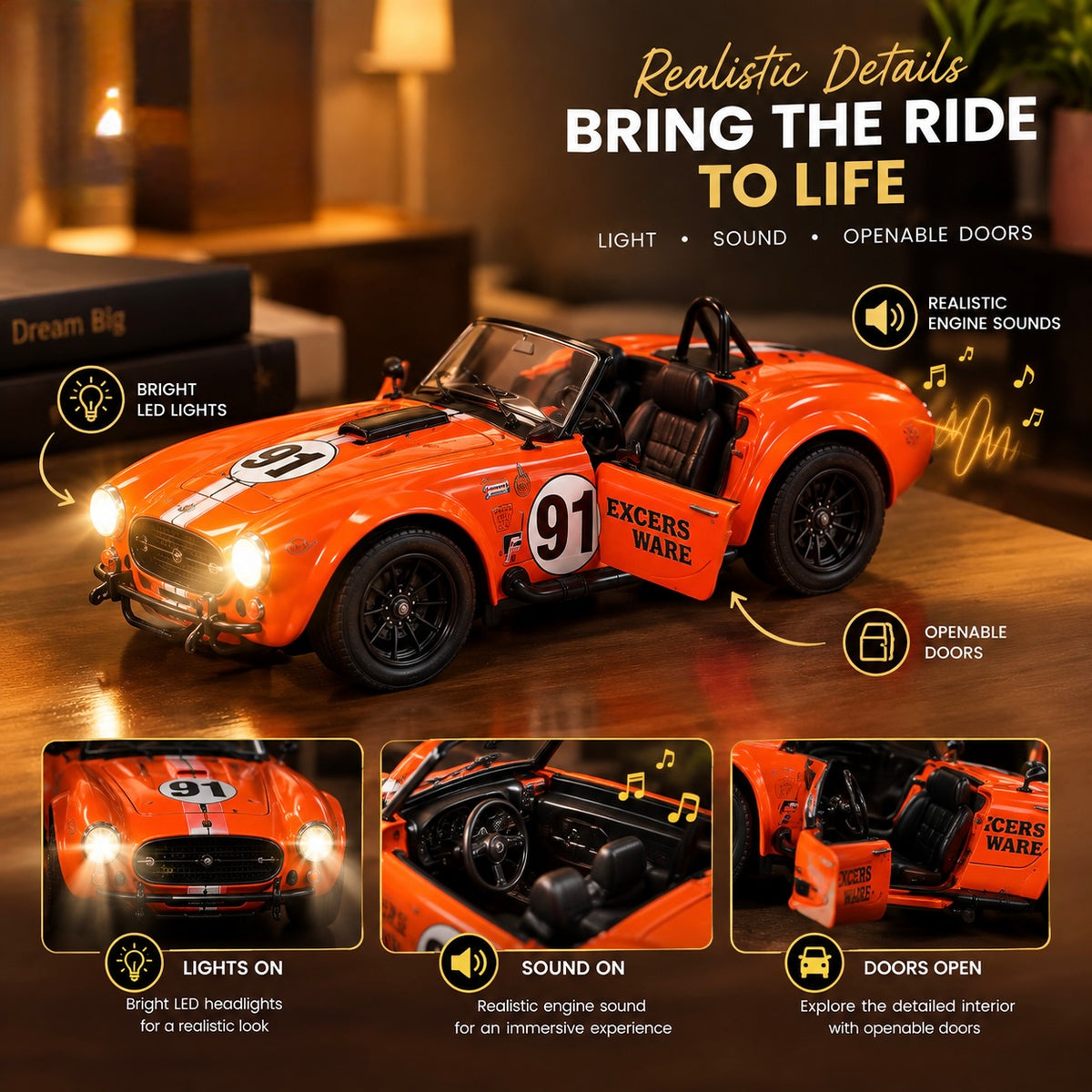 🚗 1:22 Scale Die-Cast Car Model – Lights, Sound & Openable Doors
