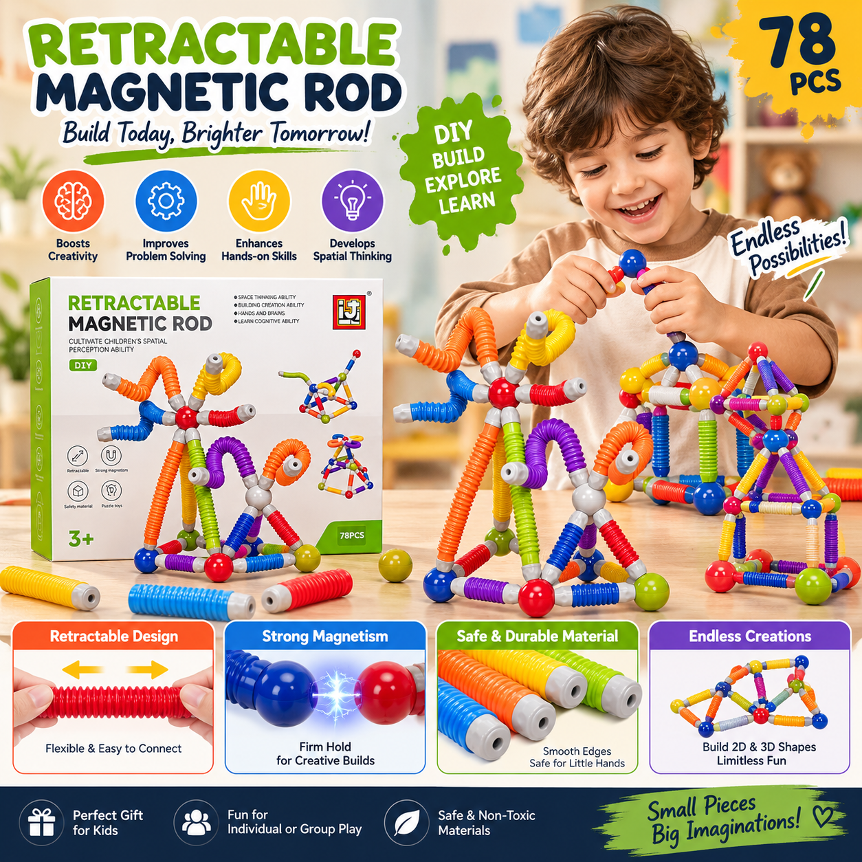 Retractable Magnetic Rod Building Set – 78 PCS