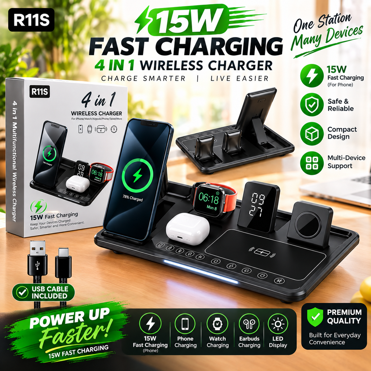 ⚡ R11S 4-in-1 Wireless Charging Station — Power Up Everything, From One Place!