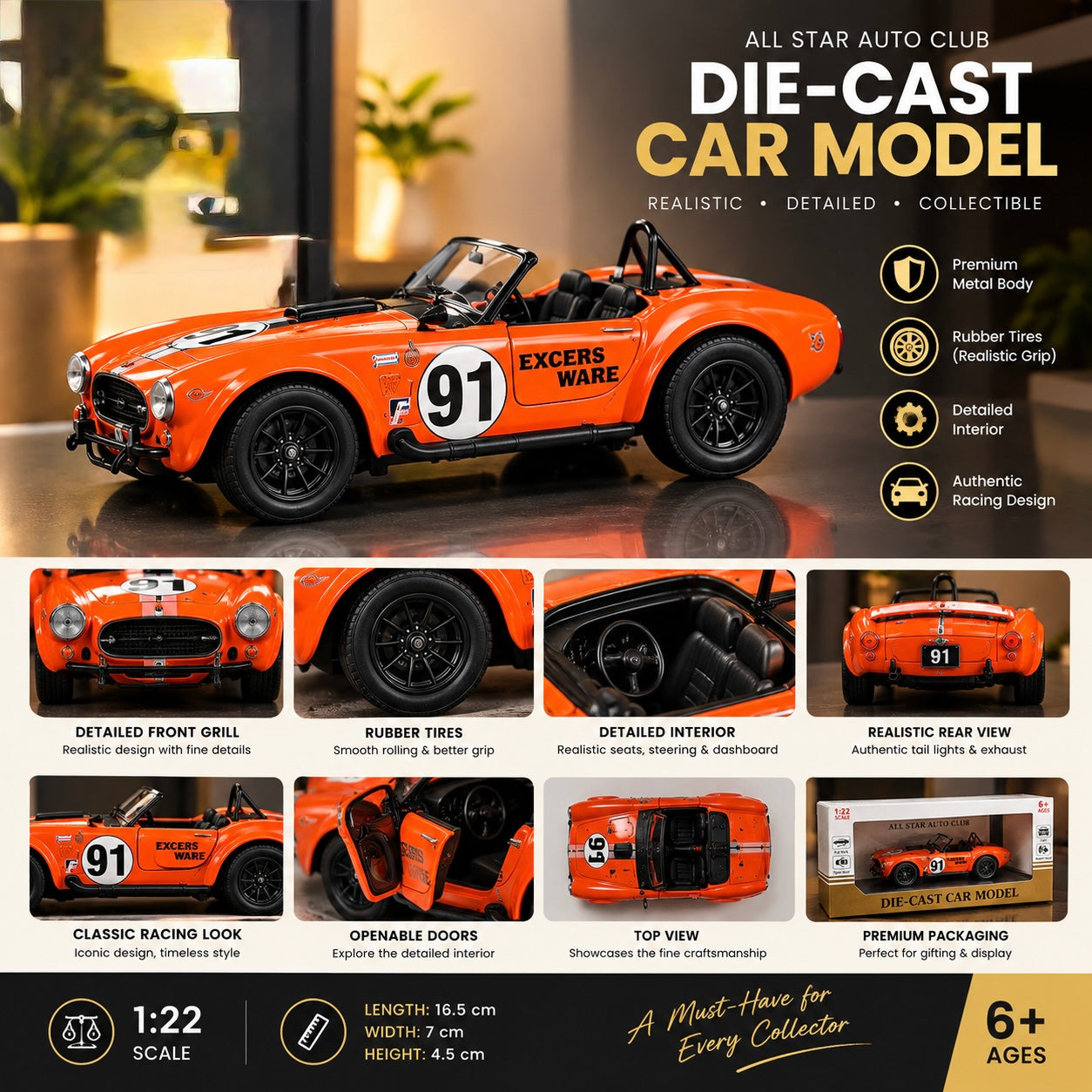 🚗 1:22 Scale Die-Cast Car Model – Lights, Sound & Openable Doors