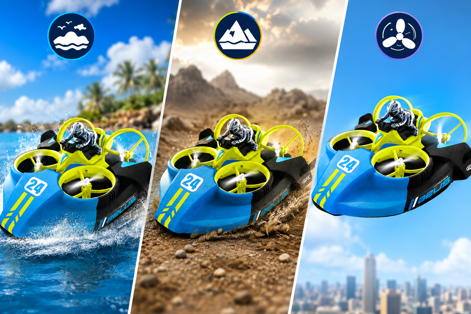 🚀 3-in-1 AELUS RC Hovercraft – Sea • Land • Air