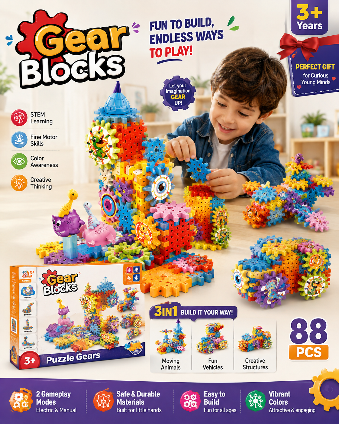 🧩 Gear Blocks 3-in-1 Puzzle Gears (88 PCS)