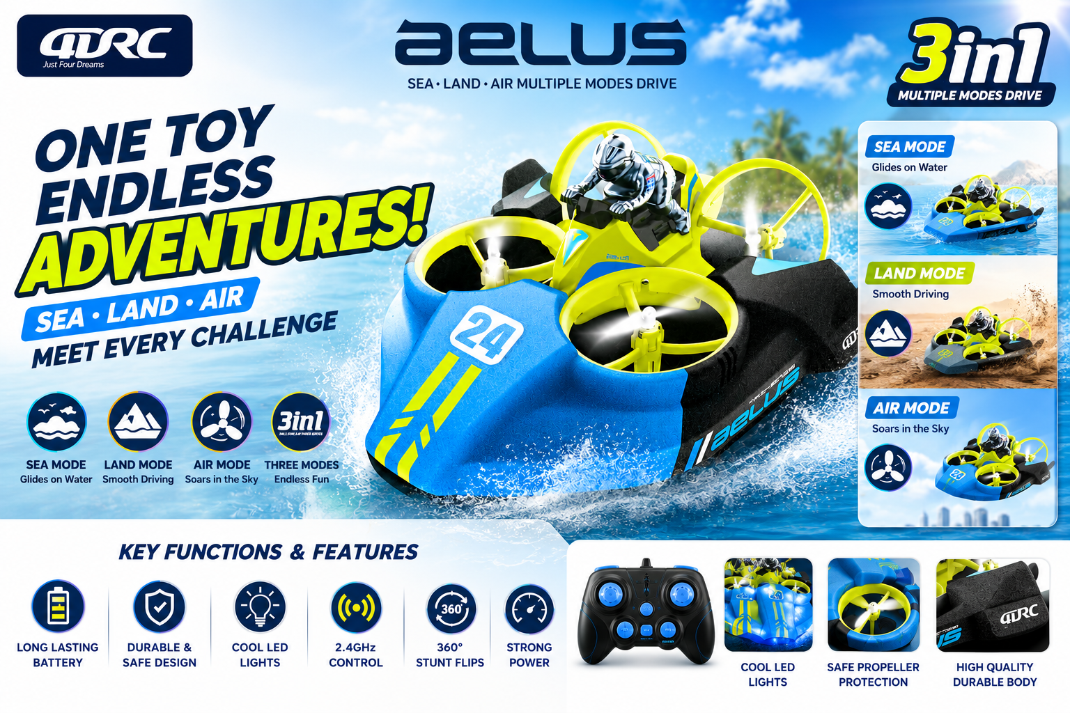 🚀 3-in-1 AELUS RC Hovercraft – Sea • Land • Air