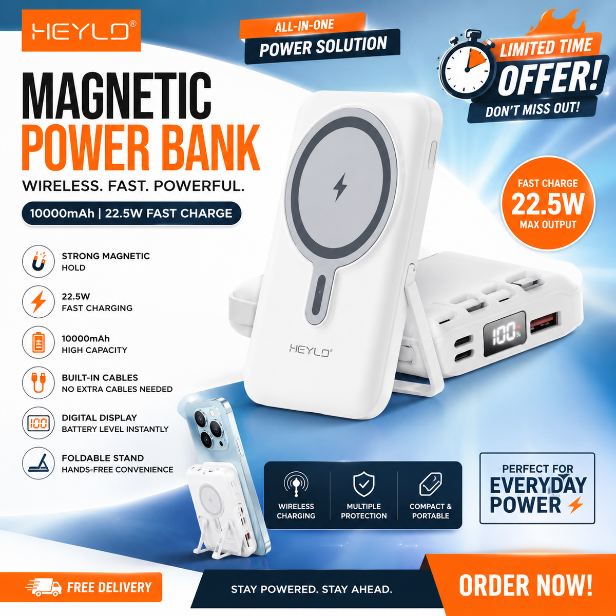 HEYLO HP-102 Magnetic Power Bank — 10,000mAh | 22.5W Fast Charging