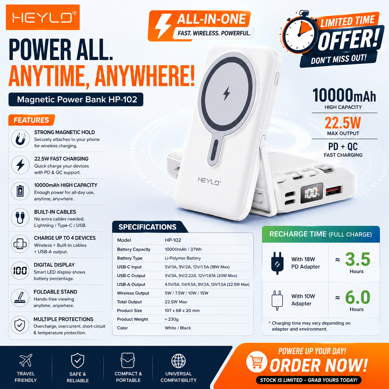 HEYLO HP-102 Magnetic Power Bank — 10,000mAh | 22.5W Fast Charging