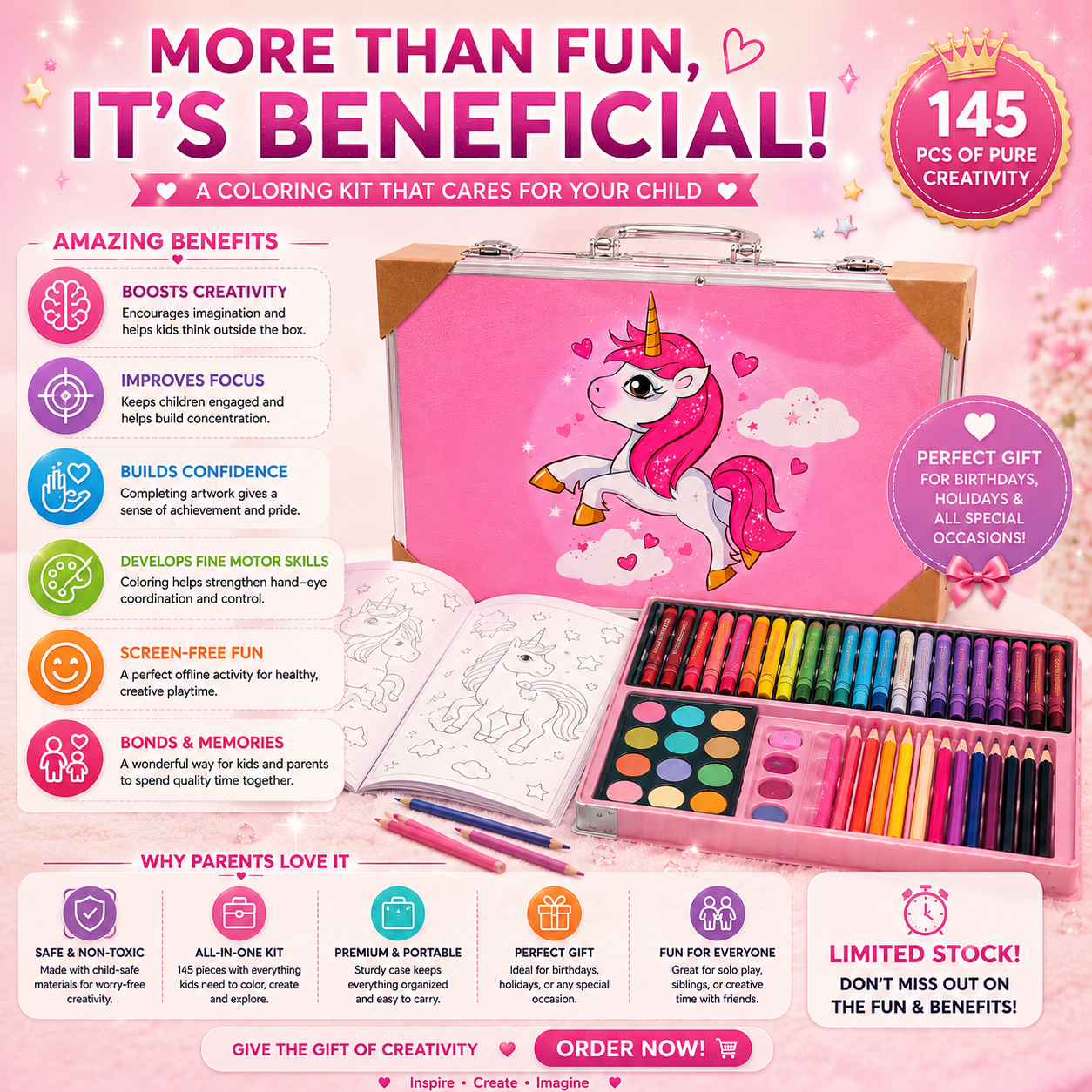 🦄✨ Unicorn 145 PCS Coloring Kit — Let Their Imagination Shine!