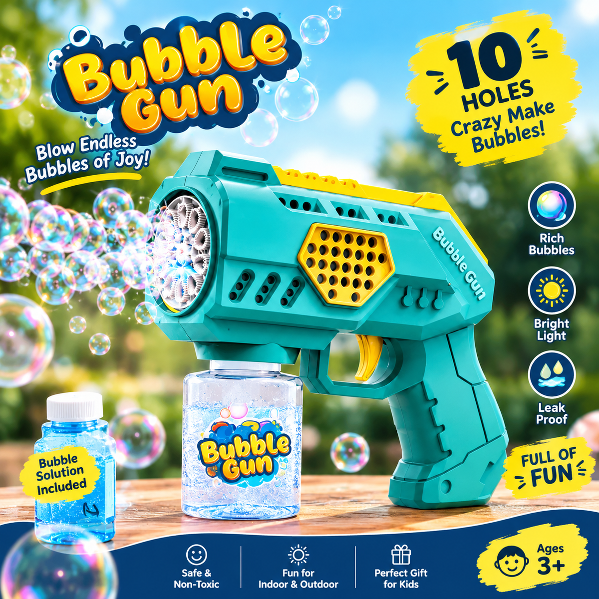 Bubble Gun for Kids – 10-Hole Automatic Bubble Blower with LED Light